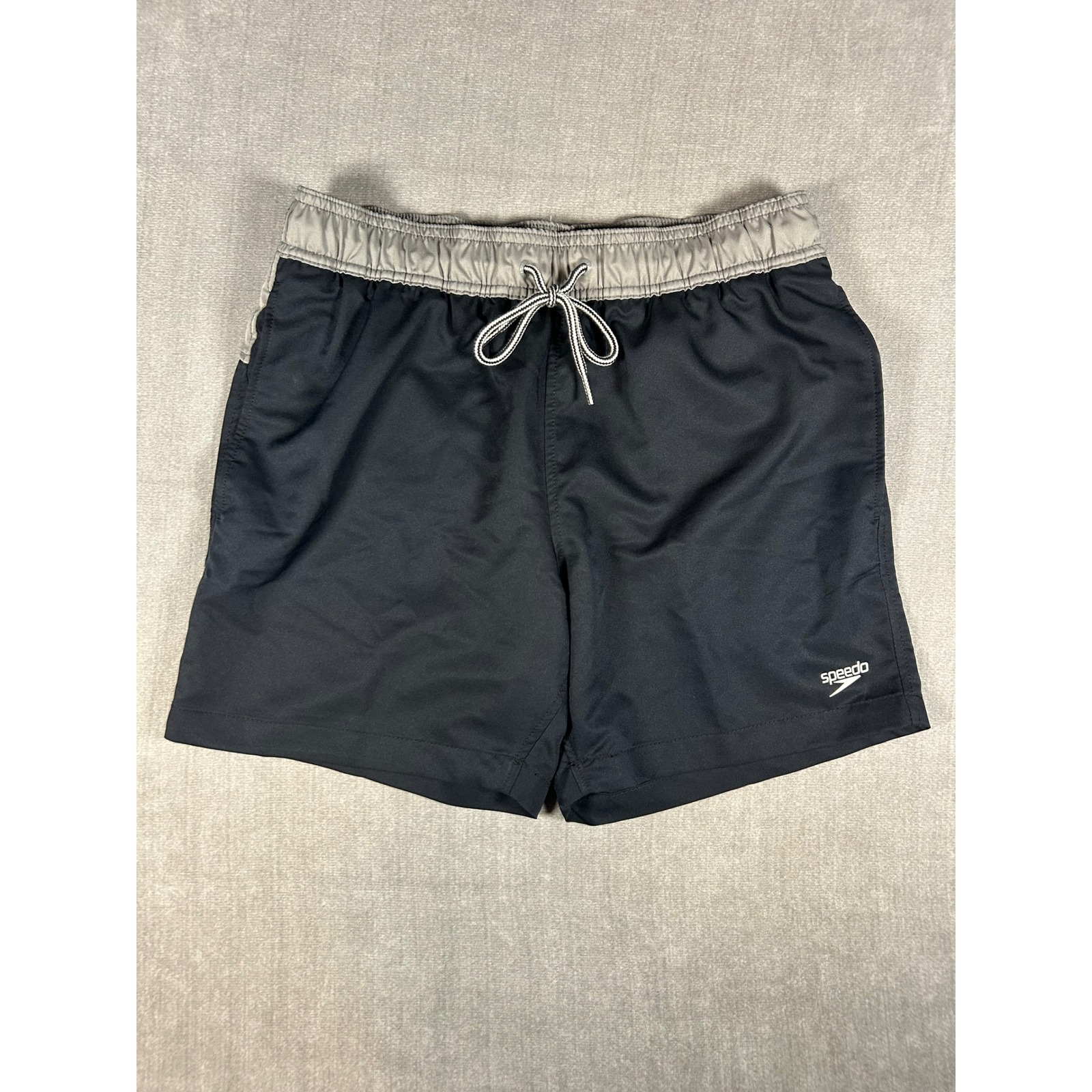 Speedo Mens Swim Trunks Black Gray Elastic Waist Mesh Lined Board Shorts Size S